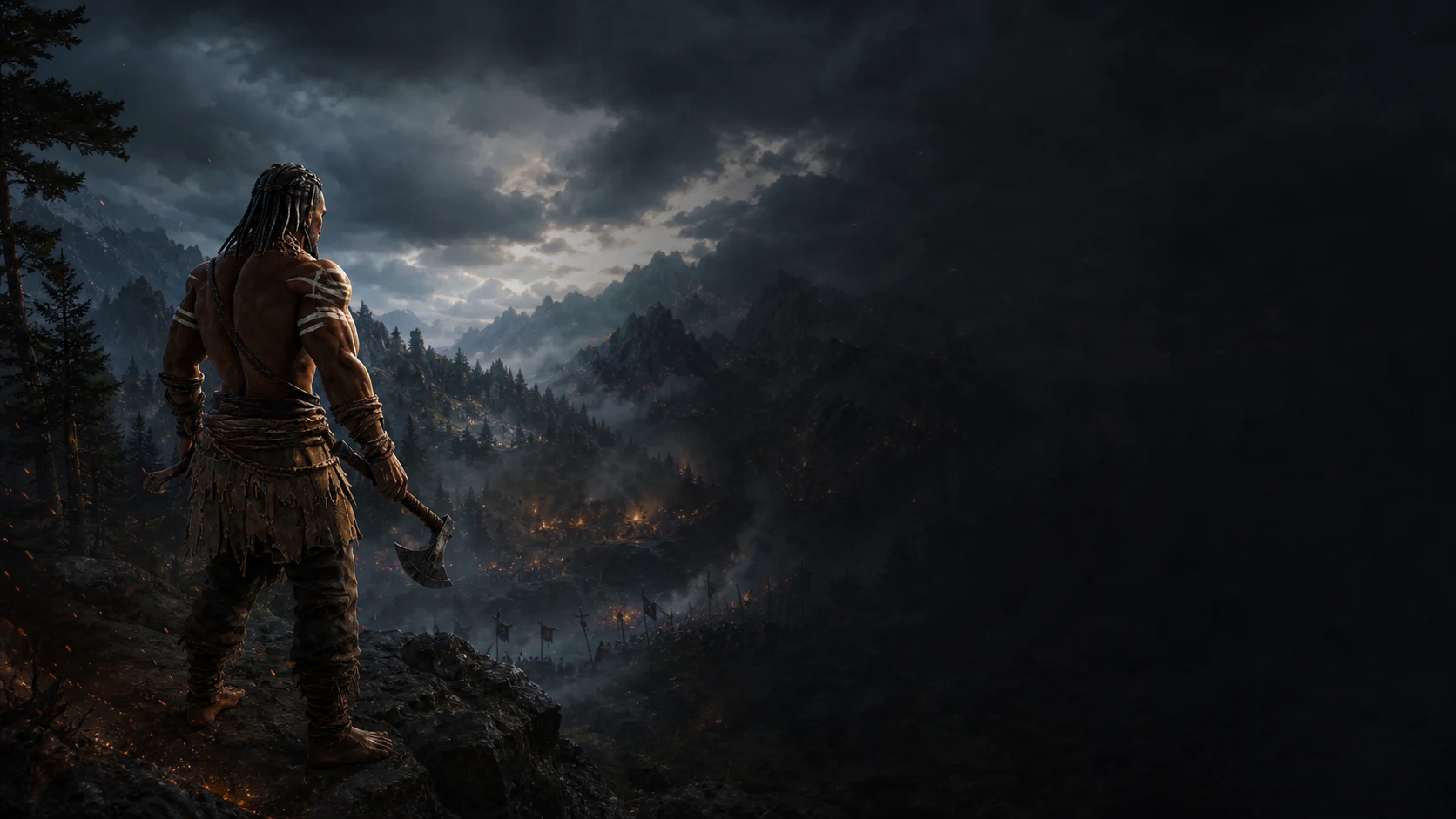 War & Lies artwork: an axe-wielding adventurer overlooking a misty mountain valley